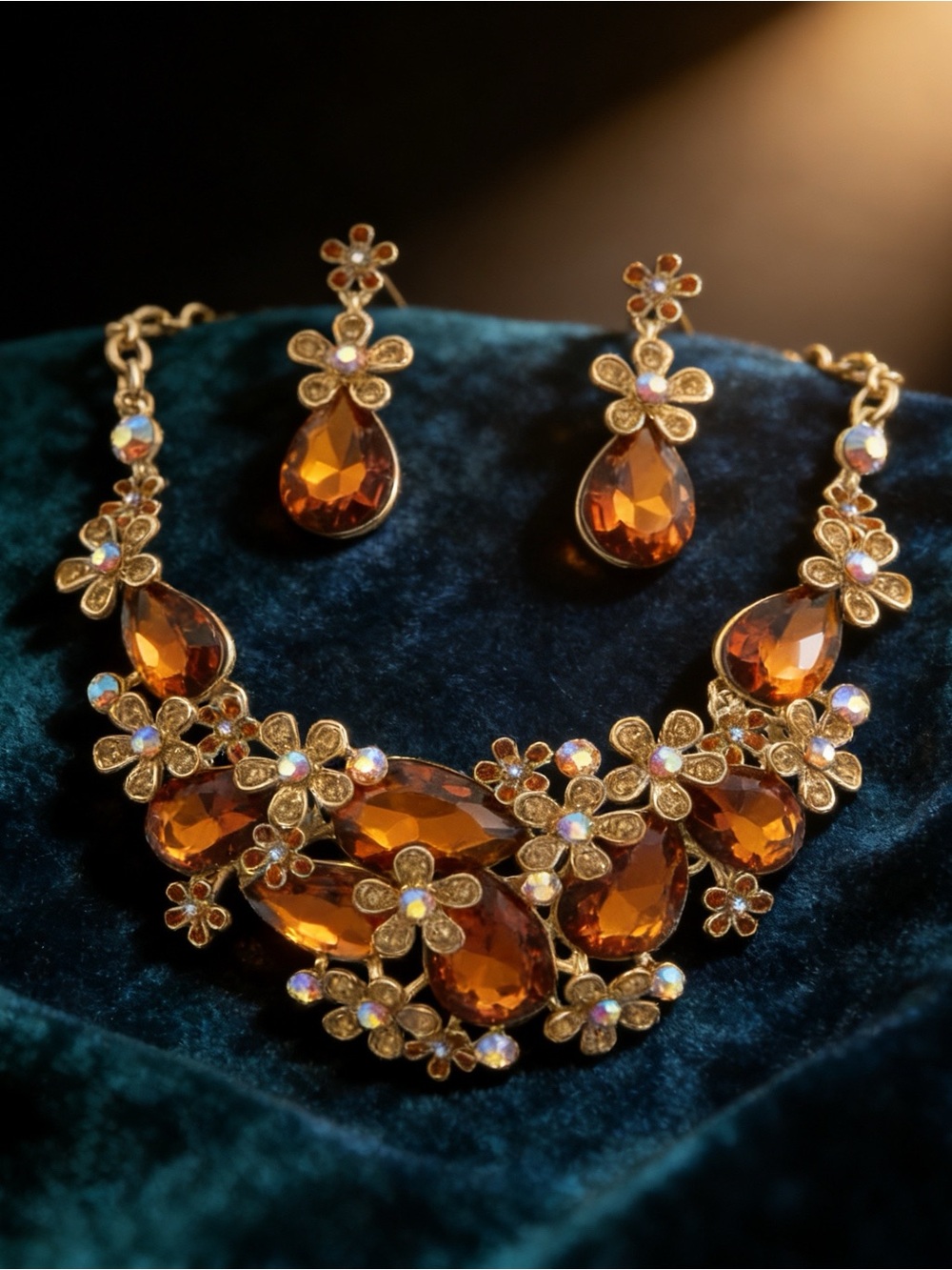 Alilang Amber Crystal Floral Statement Necklace Earring Set Gold Tone Bib Collar